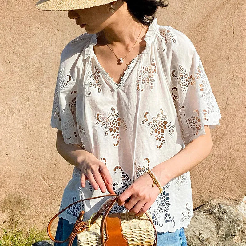 Blouse Blanche Brodée Style Français