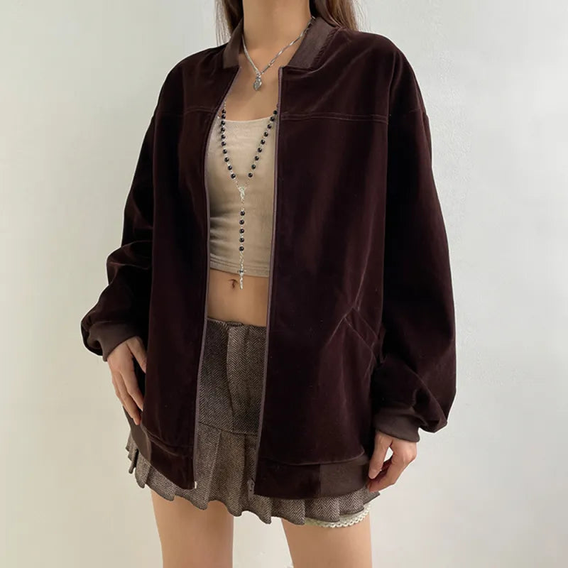 Blouson Velours Zippé à Col Montant