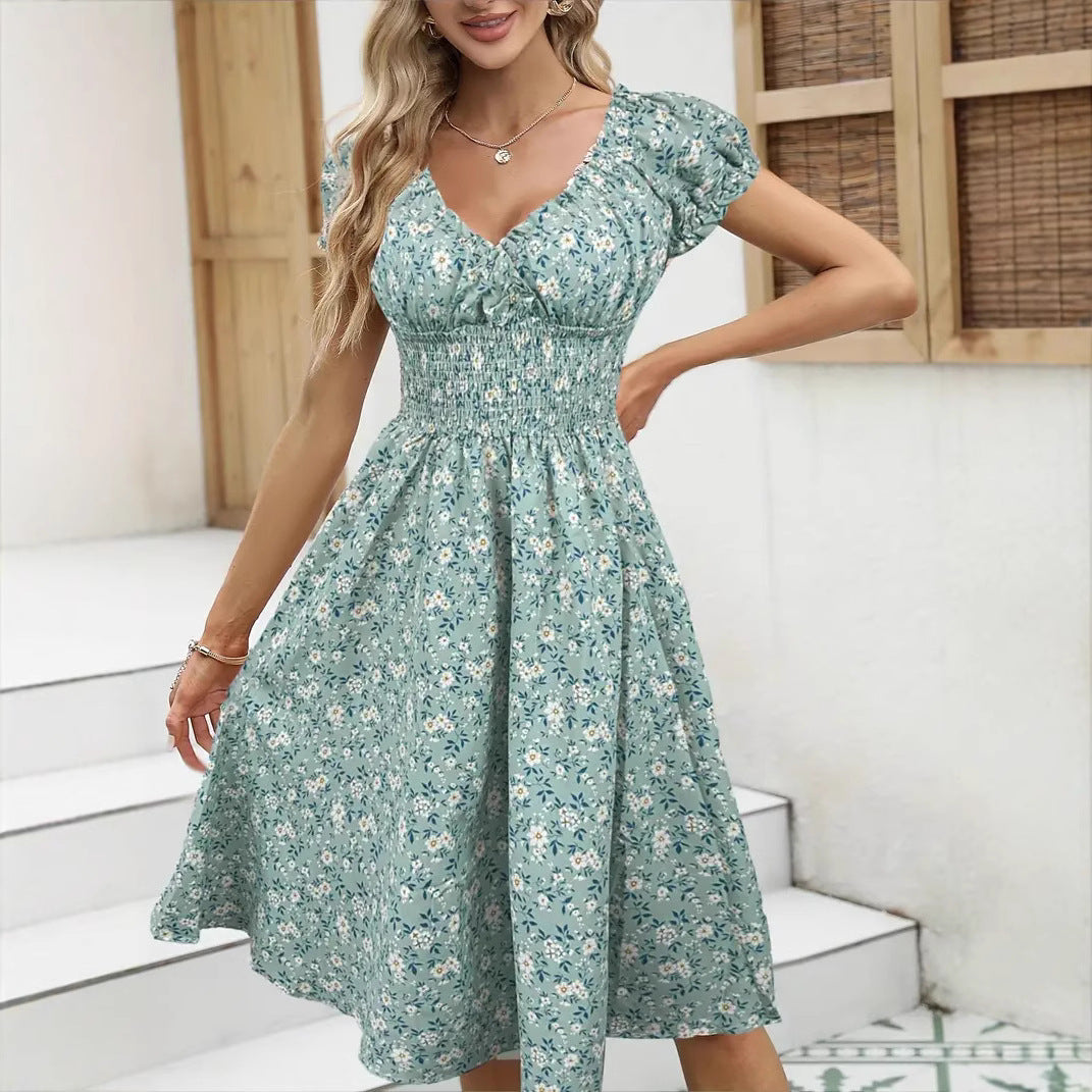 Robe Fleurie à Manches Bouffantes