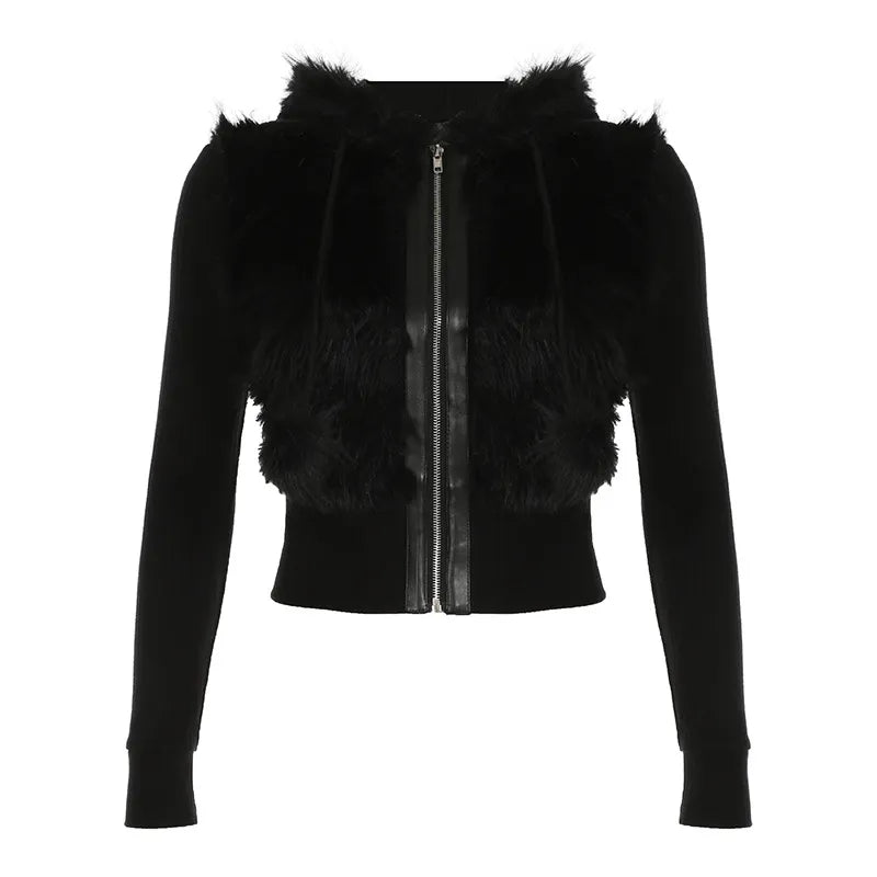 Veste Noire Fausse Fourrure Femme Kaïa – Élégance Nocturne