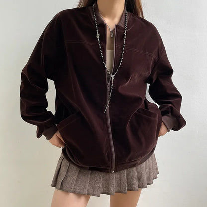 Blouson Velours Zippé à Col Montant
