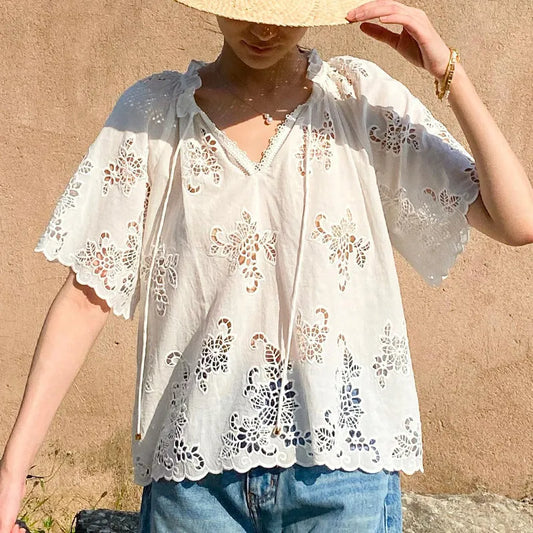 Blouse Blanche Brodée Style Français