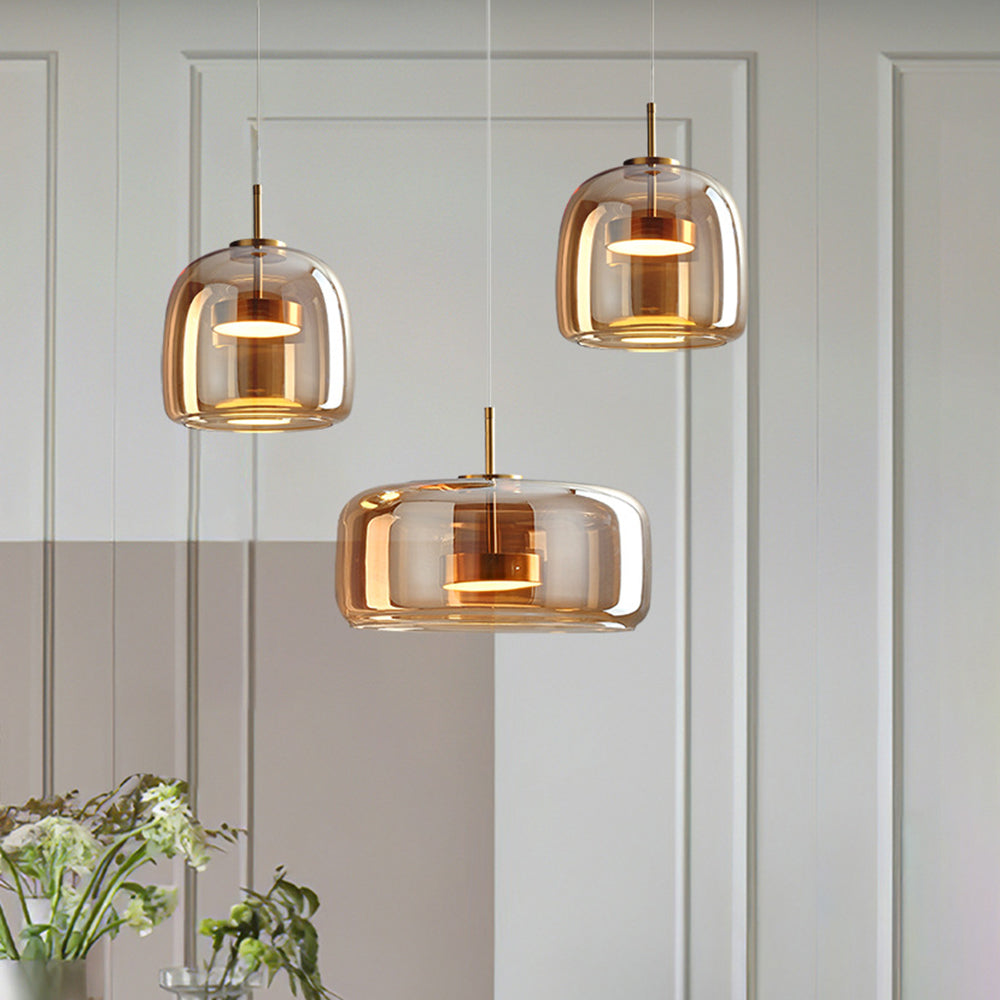 Elara | Retro LED Pendant Light in Gold Metal With Amber Glass for Bedroom