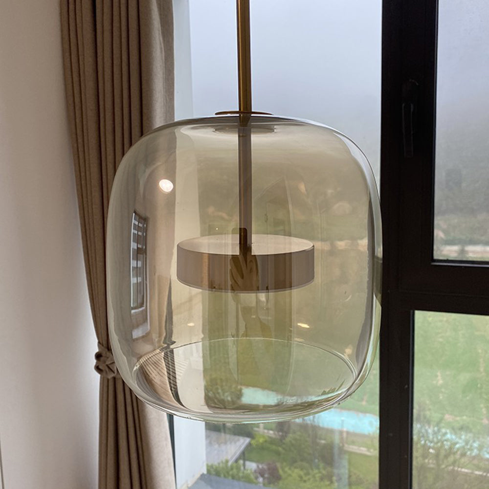 Elara | Retro LED Pendant Light in Gold Metal With Amber Glass for Bedroom