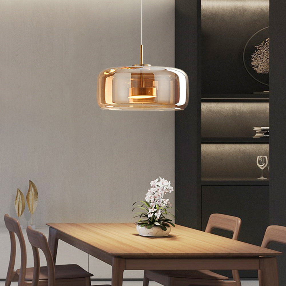 Elara | Retro LED Pendant Light in Gold Metal With Amber Glass for Bedroom