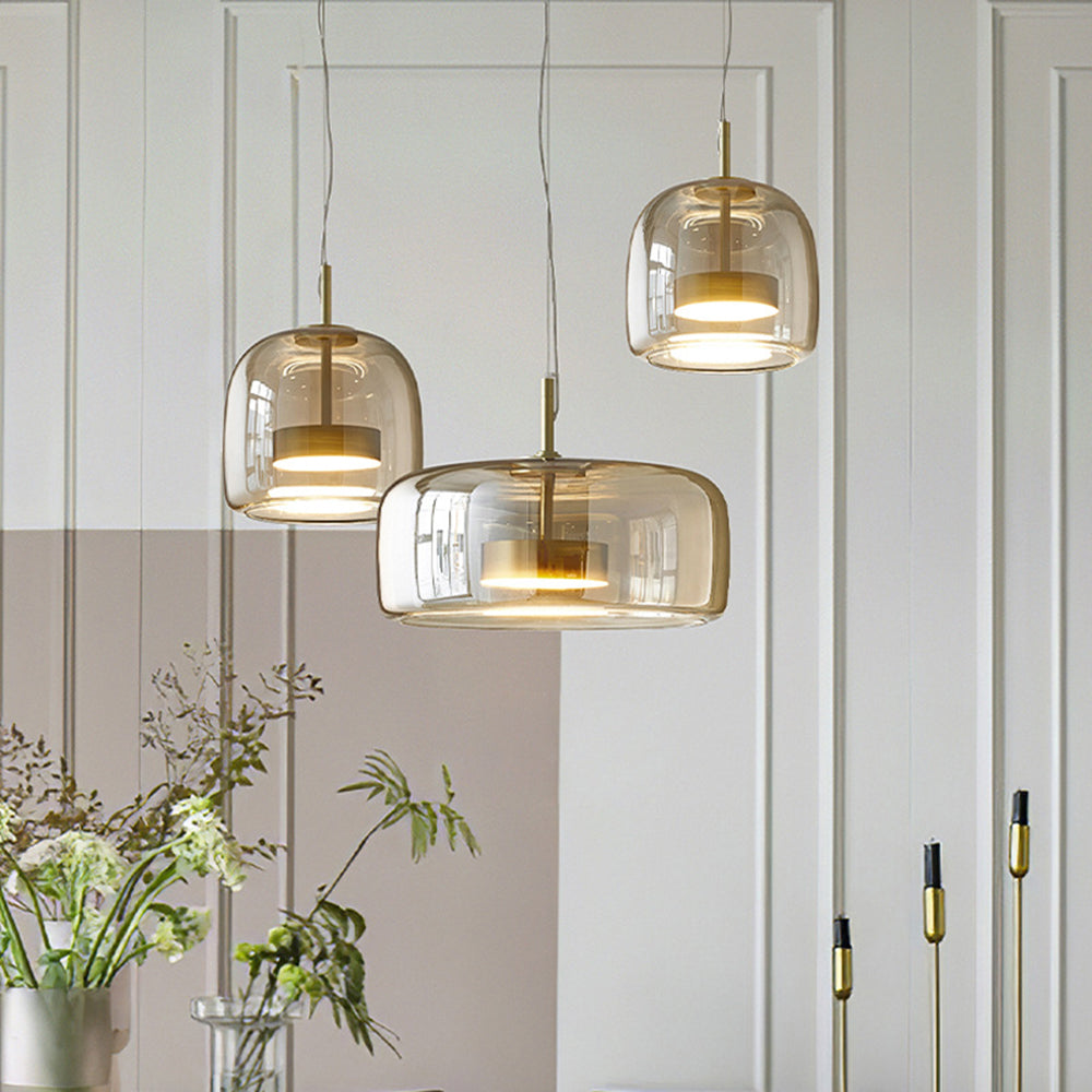 Elara | Retro LED Pendant Light in Gold Metal With Amber Glass for Bedroom