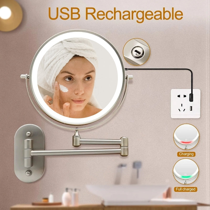 LumiGlow Matte Silver Rechargeable LED Magnifying Vanity Mirror For Makeup And Bathroom