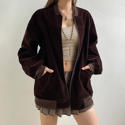 Blouson Velours Zippé à Col Montant
